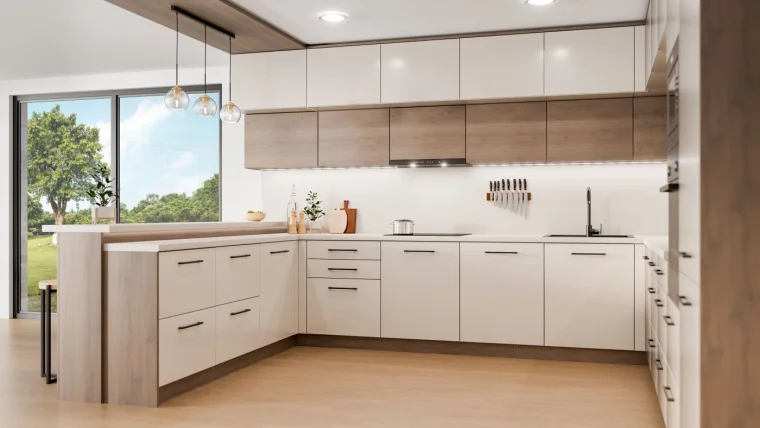 3D vizualizace moderní kuchyně v kombinaci dřeva a bílé barvy