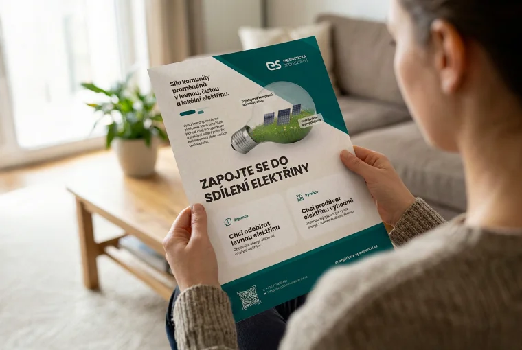 Osoba držící propagační leták o sdílení elektřiny