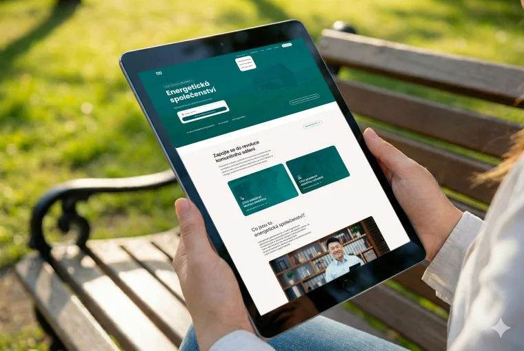 Návrh webových stránek Energetické Společenství zobrazený na tabletu